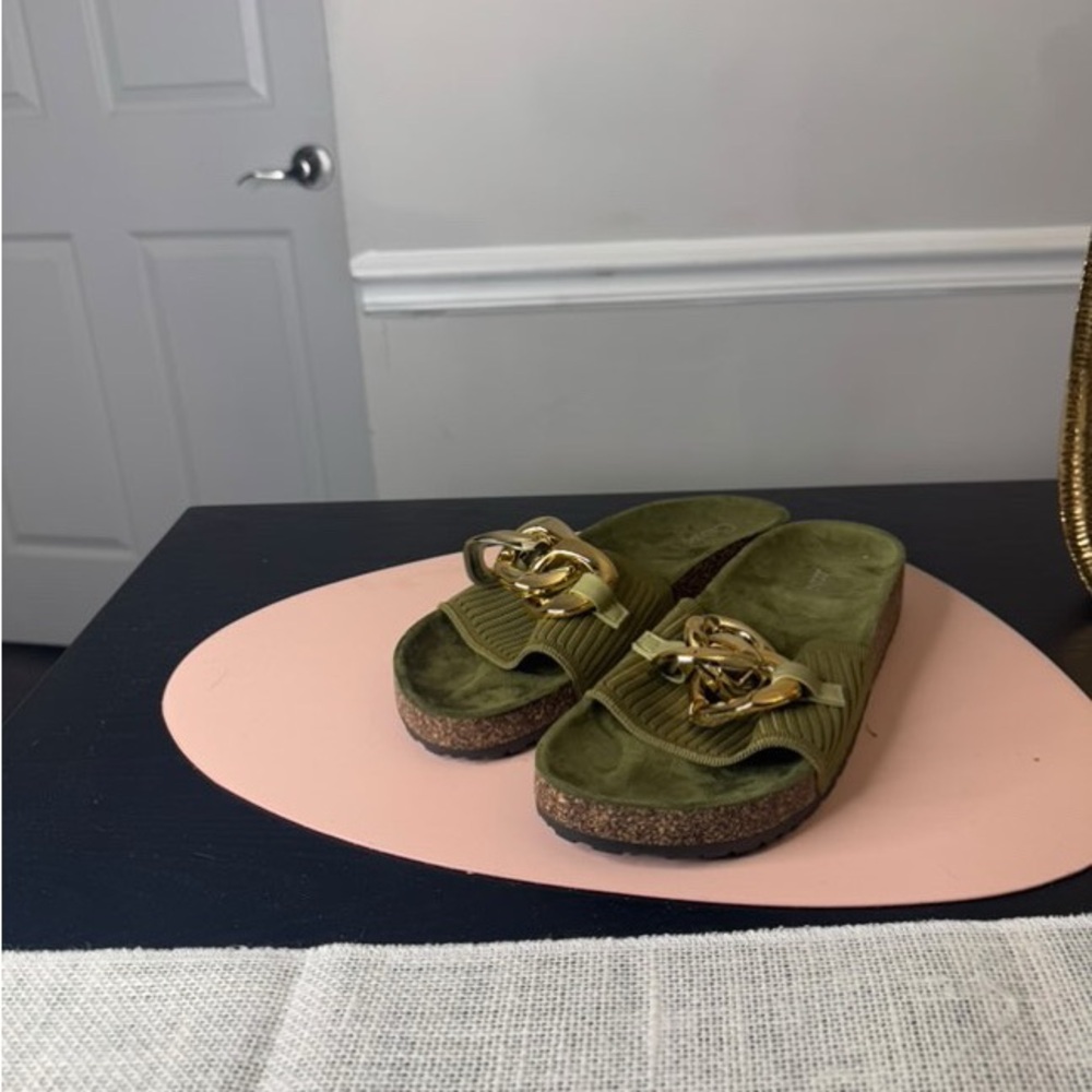 Olive Green Slide Sandals with Gold Chain